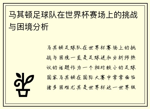 马其顿足球队在世界杯赛场上的挑战与困境分析