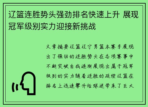 辽篮连胜势头强劲排名快速上升 展现冠军级别实力迎接新挑战